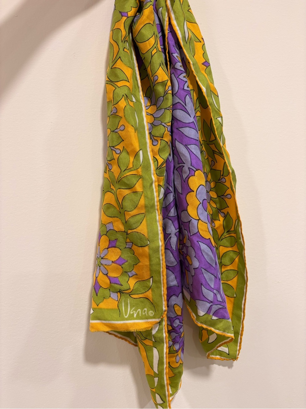 Vera Neumann Floral Print Silk Scarf in Green, Purple & Yellow 45x15